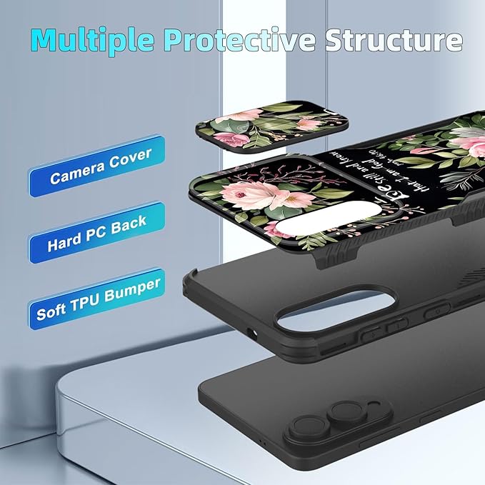 for Galaxy S25 Edge Case Built in Slide Camera Lens Cover,Heavy Duty Shockproof Protection Dual Layer Case for Samsung Galaxy S25 Edge 2025,Flower Bible Verse Psalm 46:10