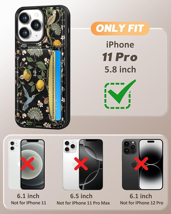 for iPhone 11 Pro Case with Wallet - Fits 4 Card Slots, Compatible with MagSafe for Women Aesthetic Durable PU Leather Credit Card Holder Kickstand Phone Cover for Apple 11 Pro, Lemon Bird