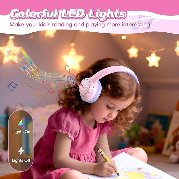 Kids Bluetooth Headphones, 85H Playtime Wireless Headphones for Kids, Colorful LED Lights, 85/94dB Safe Volume Limit, Bluetooth 5.4 Built-in Mic Toddler Headset for Tablet/Airplane/Travel (Pink)