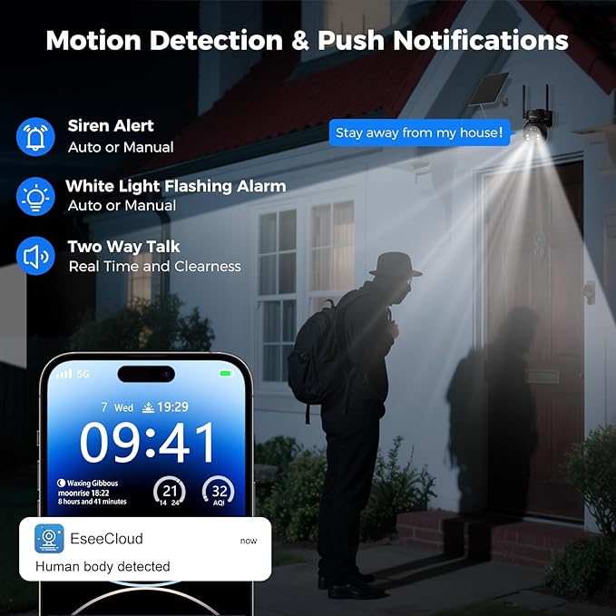 Hiseeu 4G LTE Cellular Security Camera Solar Powered, No WiFi Security Camera Wireless Outdoor, 24/7, PIR Motion, 2 Way Talk, 360° PT, 2K Color Night Vision, 64G SD & SIM Card Included