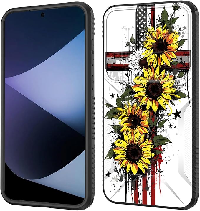for Galaxy A35 5G Case Built in Slide Camera Lens Cover,Heavy Duty Shockproof Protection Dual Layer Case for Samsung Galaxy A35 5G 6.6 inch 2024,Cross American Flag Sunflower