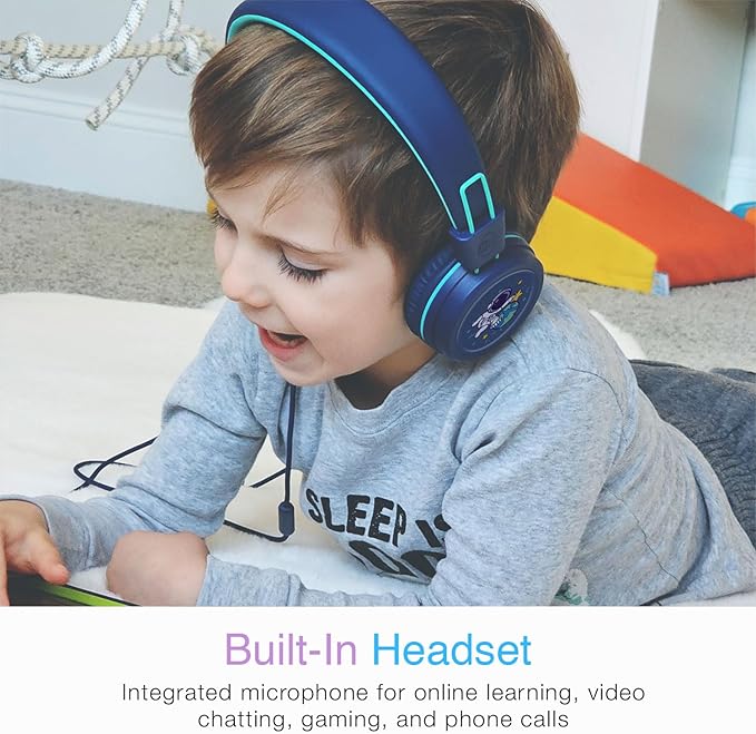 MEE audio KidJamz KJ55 Wired Children’s Headphones with 3.5mm Plug, Colorful Graphics, Volume Limiter & Microphone, Adjustable On-Ear Kids Headset for Online Learning/School/Travel/Tablet (Blue)