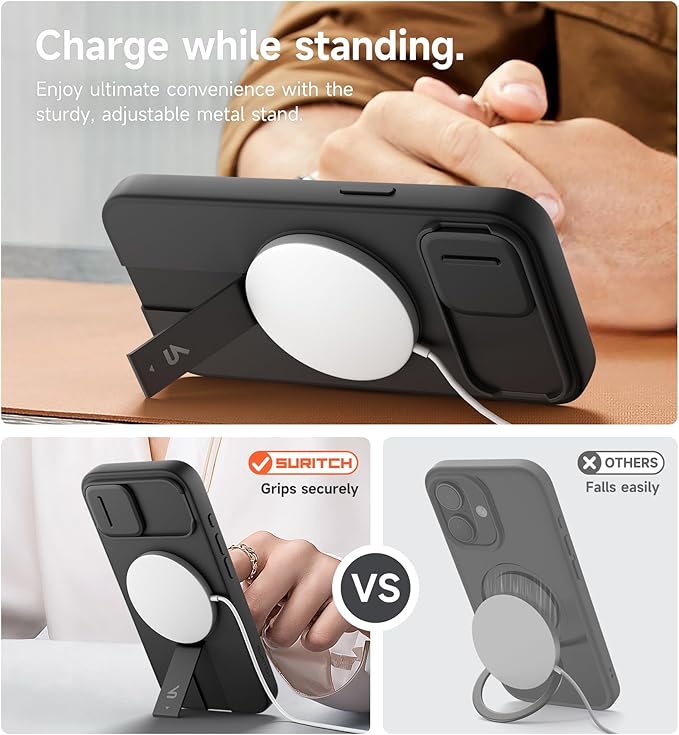 SURITCH for iPhone 17e/16e Case with Magnetic Camera Slide Cover and Adjustable Kickstand, Compatible with MagSafe, Shockproof Bumper Case Slim Protective Cover 6.1 Inch,Black