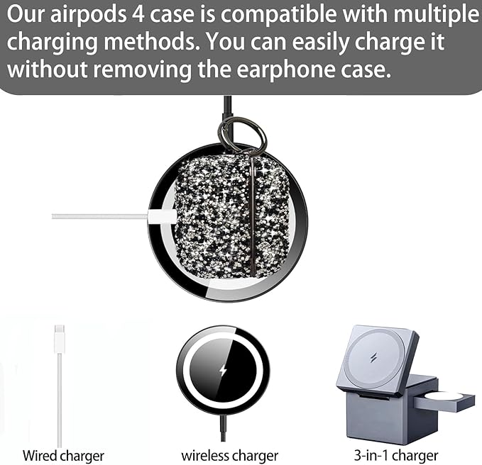 for Cute Glitter AirPods 4 Case for Women| Bling Hard Airpod iPods 4 Cases | with Keychain | Sparkly Rhinestone Air Pods 4 Generation Case for Women Girl- Model A3058/A3059(Blackwhite)
