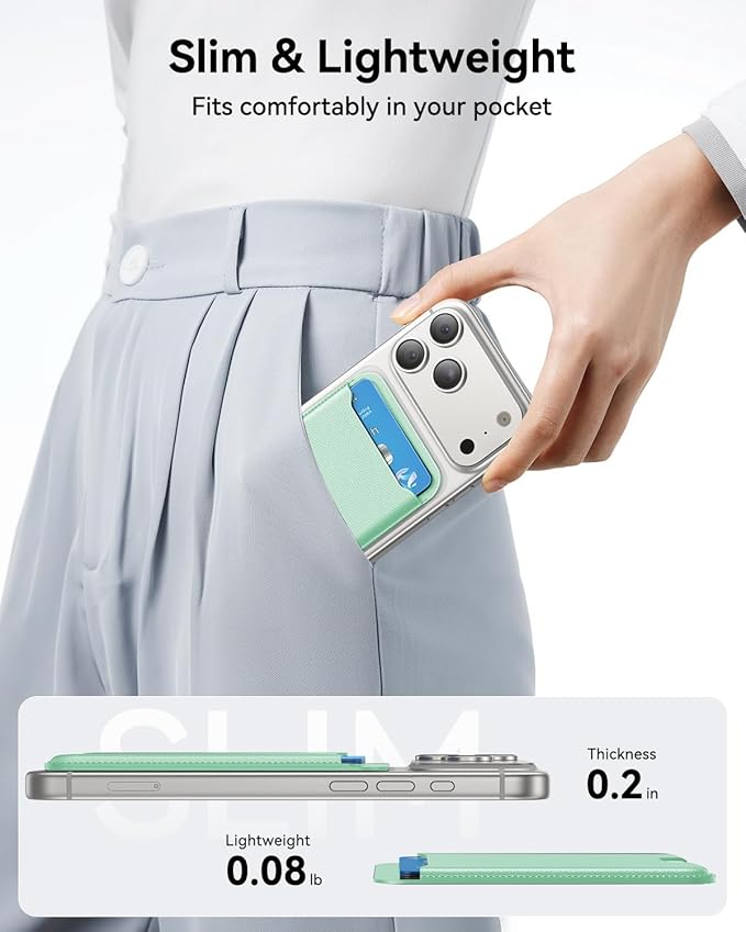 for MagSafe Wallet, 3 Cards Holder, Slim Magnetic Phone Wallet for iPhone 17/16/15/14/13/12 Pro Max Plus Air Series,RFID Blocking Vegan Leather,Light Green