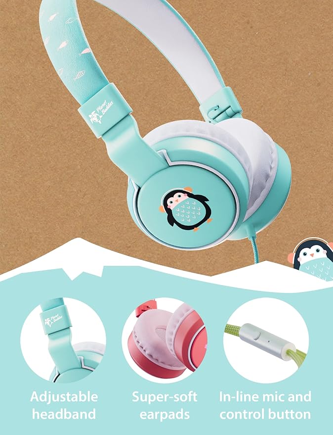 Planet Buddies Penguin Kids Headphones Wired, On Ear Headphones for Todler, 85db Volume Limited, Safe Foldable Earphones for Kids with Microphone, Childrens Headset for School/Tablet/Travel - Blue