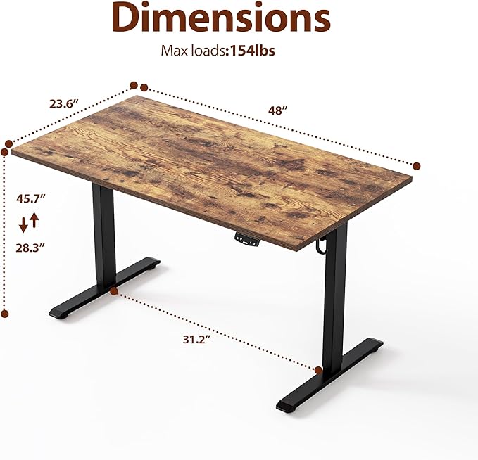 Height Adjustable Electric Standing Desk, 48 x 24 Inches Stand Up Desk, Ergonomic Raising Computer Table with Memory Preset Button, Two-Piece Desktop, Rustic Brown