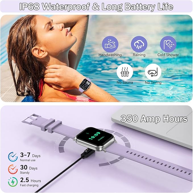Smart Watches for Men Women, 1.83" HD Touchsreen, Bluetooth Calling, 5 ATM Water-Resistance, 130+ Sports Modes, Health, Fitness & Sleep Tracker, Timer, Pedometer, Fitness Watch for Android/iOS, Purple
