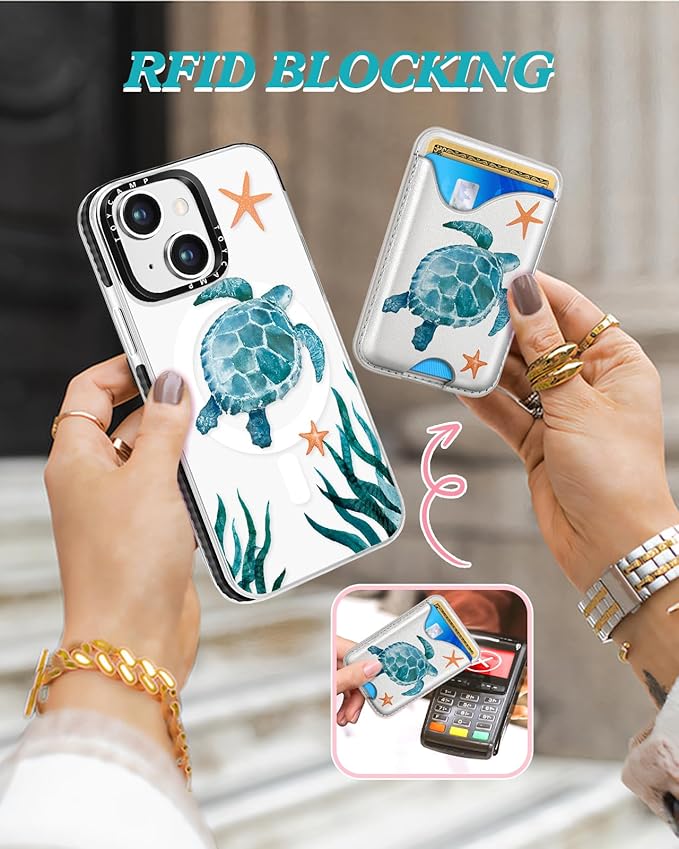 Toycamp for iPhone 14 Case, for iPhone 13 Case - Compatible with Magsafe Credit Card Holder Wallet Magnetic Cute Women Teen Girls Kawaii Girly Unique Turtles Design Phone Cover for iPhone 14/13