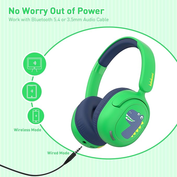 Bluetooth Kids Headphones, Wireless Headphones for Kid with Mic, 75/85/94dB Volume Limited, Includes 3.5mm Aux Cord, Foldable Dinosaur Teens Headset for School, Home, Travel, Tablet