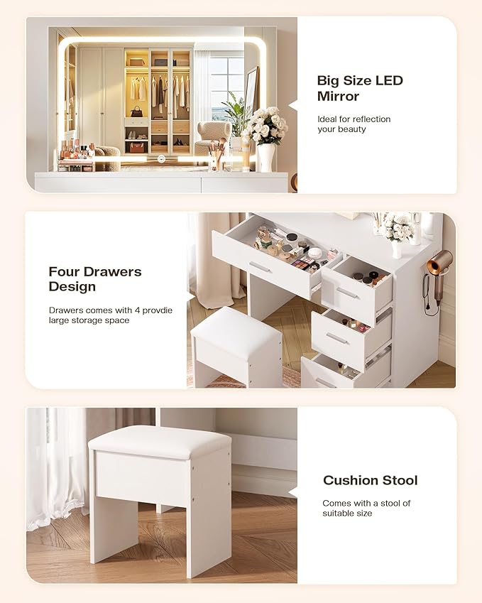 Makeup Vanity Desk Set, White, 35.4“W x 15.7" D x 53.9" H (Large Smart LED Mirror, with Cushion Stool, Hairdryer Rack, Power-Outlet, 4 Drawers)