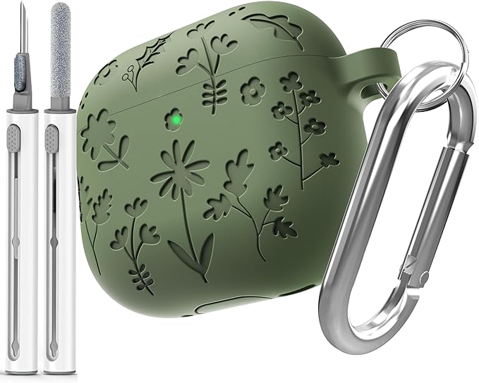 DamonLight Flora Engraved Case for AirPods 4 with Active Noise Cancellation Cover Shockproof Protective Soft Silicone Case with Cleaning Pen and Keychain for Apple Airpods 4th Generation(Olive Green)