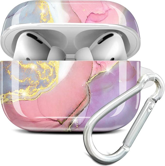 JIAXIUFEN Compatible with AirPods Pro 2019 / Airpods Pro 2nd Generation Case Cover Gold Sparkle Glitter Marble Design Cute Full Protective Silicone TPU Skin Accessories for Women Girl Pink Purple