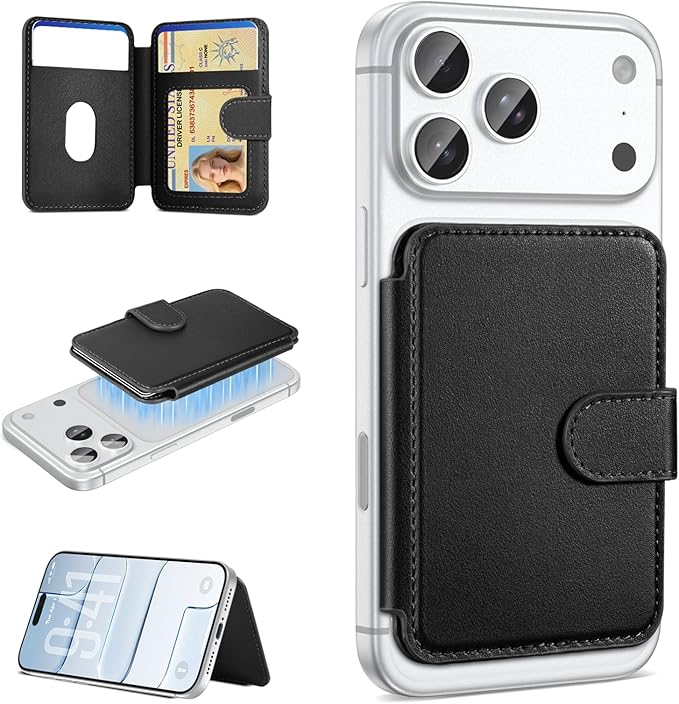 TopMade for Magsafe Wallet, Strongest Magnetic Card Holder for iPhone 17/16/15/14/13/12 Series, Slim Magnetic Phone Wallet, 4 Cards Holder, Vegan Leather, RFID Blocking, Open ID Window, Black