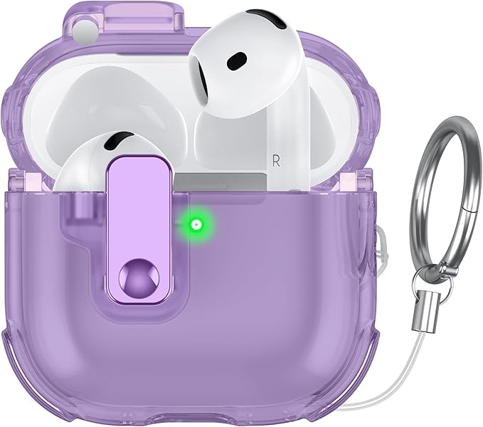 Clear Case for AirPods 4 Case Cover with [Lock Safety &Pop Up][Military Shockproof] Anti-Yellow Transparent Soft TPU Wireless Charging for AirPods 4th Generation Case with Keychain,Clear Purple