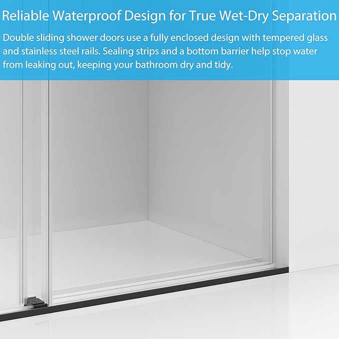 Bathtub Shower Door Glass Sliding 60 Inches,56-60" W x 59" H Frameless Dual Sliding Shower Glass Doors, 6mm Tempered Glass with Stainless Steel Square Rail for Modern Bathroom Matte Black