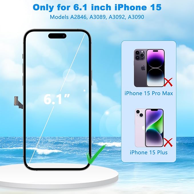 for iPhone 15 Screen Replacement Black 6.1 Inch, LCD Touch Digitizer Complete Display for A2846, A3089, A3092, A3090,with Waterproof Seal+Tempered Glass+Repair Tools
