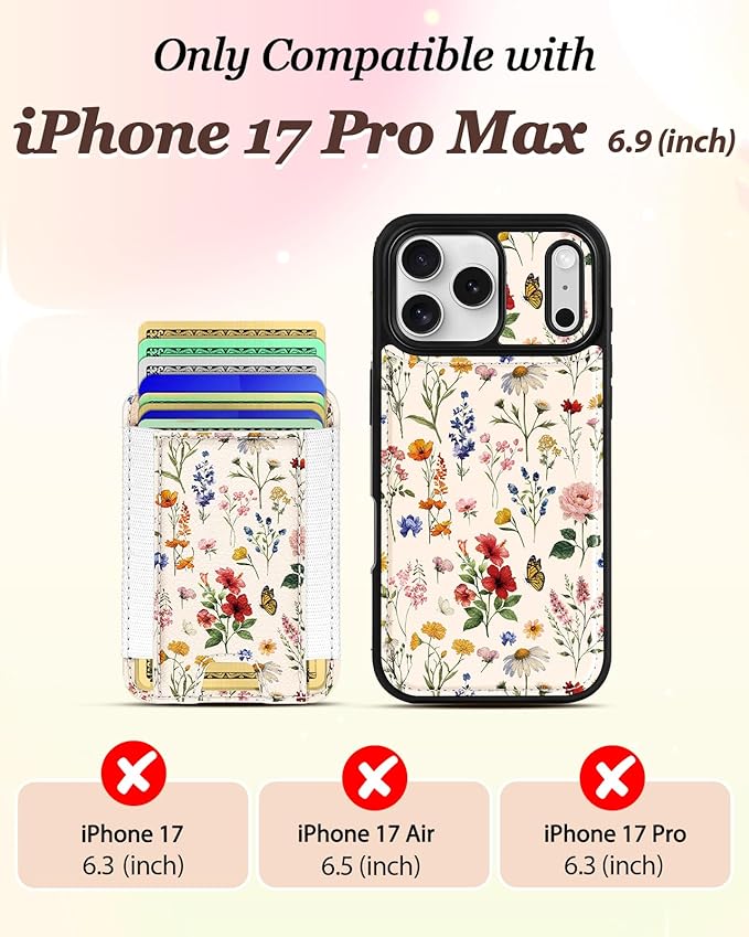 Shorogyt for iPhone 17 Pro Max Case Wallet - Fits 5 Cards, Compatible with Magsafe Detachable Magnetic Credit Card Holder Leather Cardholder Cute Phone Cover Women Girls for Apple 17 ProMax, Floral