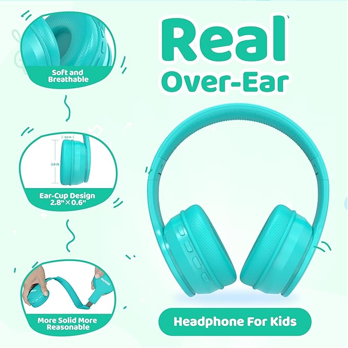 MIDOLA Kids Headphones Bluetooth 5.4 Wireless 68H Play Time Volume Limit 85/94dB Over-Ear Foldable Headset,Type-C Fast Charging,Wired Aux Mic for Toddler Child Pad Tablet Cyan