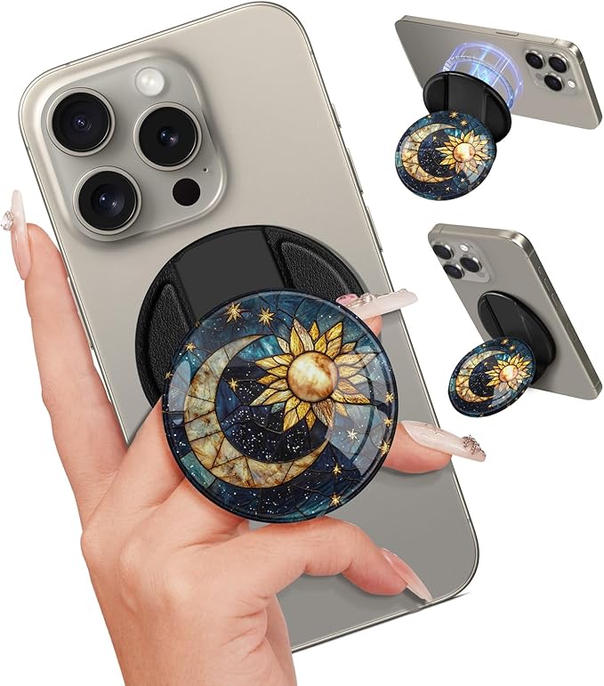 Kidcube Magnetic Phone Grip Compatible with Magsafe - Cell Phone Grip Stand Ring Holder Magnet Kickstand Removable Accessories for iPhone 16 Pro Max/16/15/14/13/12 Series Women Cute Blue Star Moon