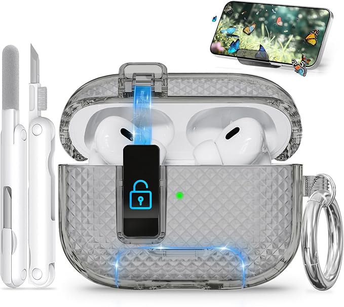 for AirPods Pro 2 Case with Phone Stand & Secure Lock, Auto-Open Clear Cover Compatible with Apple AirPods Pro 2nd/1st Gen (2023,2022,2019) with Cleaning Kit & Keychain (W-Black)