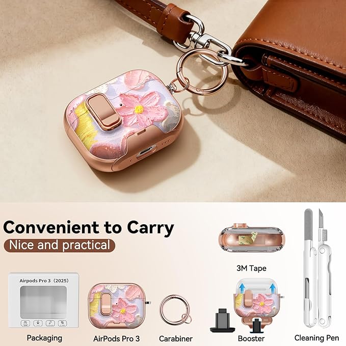 for AirPod Pro 3 Case 2025, with Safty Lock & Phone Stand for Pink AirPod Pro 3 Generation Case Cover for Women Girly, iPod Pro 3 Cases with Keychain & Cleaner Kit - Oil Painting Flower