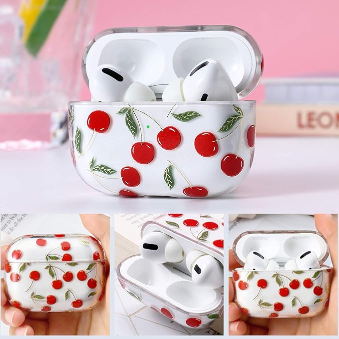 Compatible with Apple Airpods Pro Case for Women, Clear with Designs Patterns Hard PC Shockproof [Front LED Visible ] Anti-Fall Full Protector Cover, Cherry
