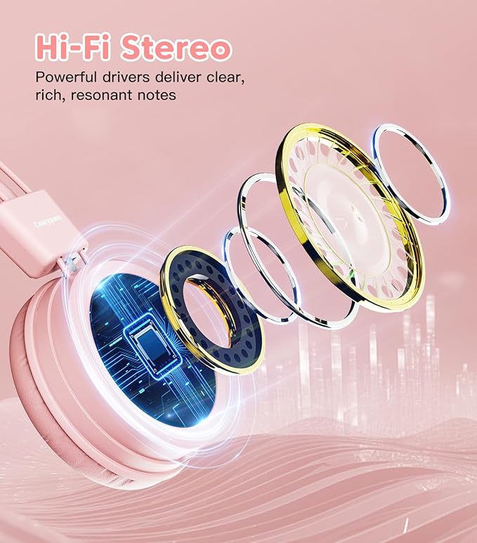 Kids Headphones, Toddler Headphones with Safe Volume Limiter 94dB, Wired School Headphones for Kid, 3.5mm Adjustable On-Ear Headphone for Boys/Girls/Children/Teens/iPad/Computer, Light Pink