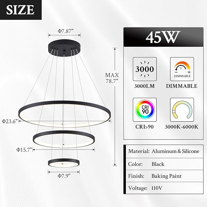 3 Ring Modern LED Chandelier Black Dimmable Round Chandeliers, LED Circular Pendant Light Fixture with Remote Control for Living Room, Dining Room, Office, Entry, Bedroom