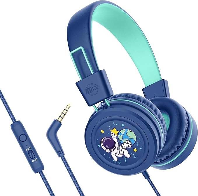 MEE audio KidJamz KJ55 Wired Children’s Headphones with 3.5mm Plug, Colorful Graphics, Volume Limiter & Microphone, Adjustable On-Ear Kids Headset for Online Learning/School/Travel/Tablet (Blue)