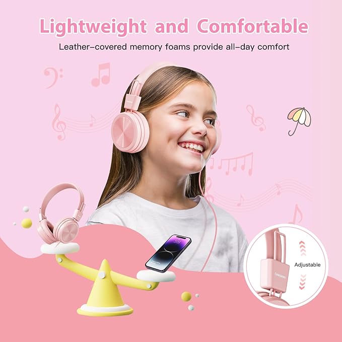 USB Type C Kids Headphones for School, 94dB Volume Limited, Kids Headphones with USB C Cord, HD Stereo Sound, Foldable Lightweight On-Ear USB-C Wired Headphones for Boys/Girls, Light Pink