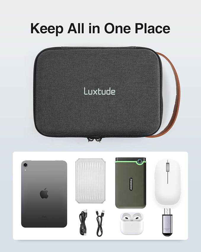 Luxtude Tech Organizer Travel Case, Portable Electronics Organizers, Hard Case for Electronics, Black Tech Bag, Charger Cases, Carrying Cases for iPad Mini (Up to 7.9?™â€?, Mouse