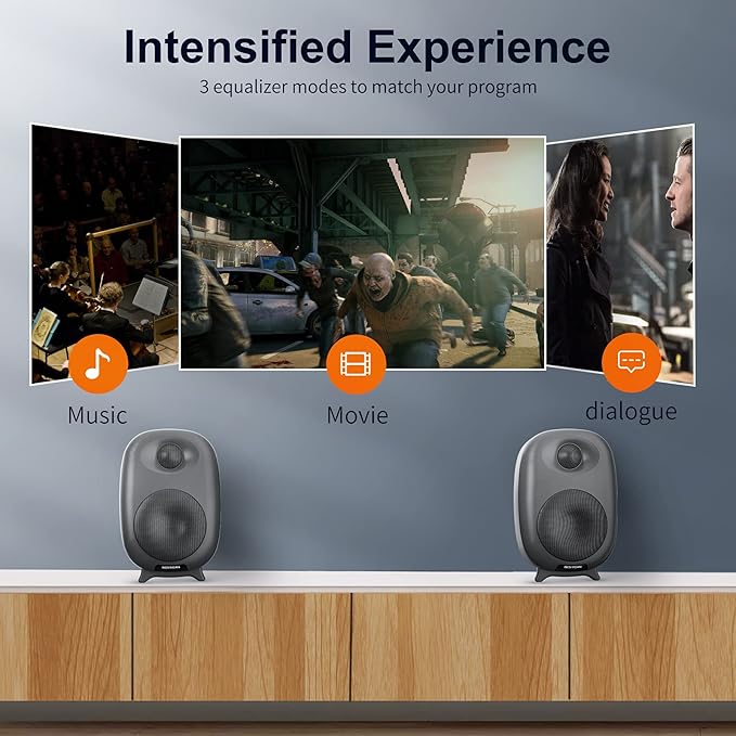 BESTISAN Bookshelf Speakers, 60 Watt Powered Studio Monitor Speaker with Bluetooth 5.0 and Wired Optical Line in Input Port, Deep Bass, 3 Audio Mode Design (Gray)