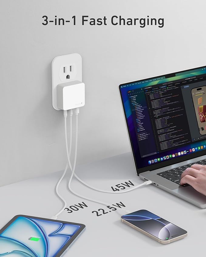 Nekmit 100W Flat USB C Charger Block, 3-Port GaN Fast Wall Charger(2*USB-C & 1*USB-A), USB C Wall Plug with Fixed Prongs for iPhone 17/16, MacBook Pro/Air, iPad, Galaxy and More (White, 100W)