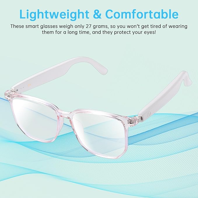 Smart Glasses for Women, Clear Frame Blue Light Glasses, Magnetic Charging, Open-Ear Design, Voice Assistant, Bluetooth Glasses with Speakers, Audio Eyeglasses for Working Gaming (GS03-C)