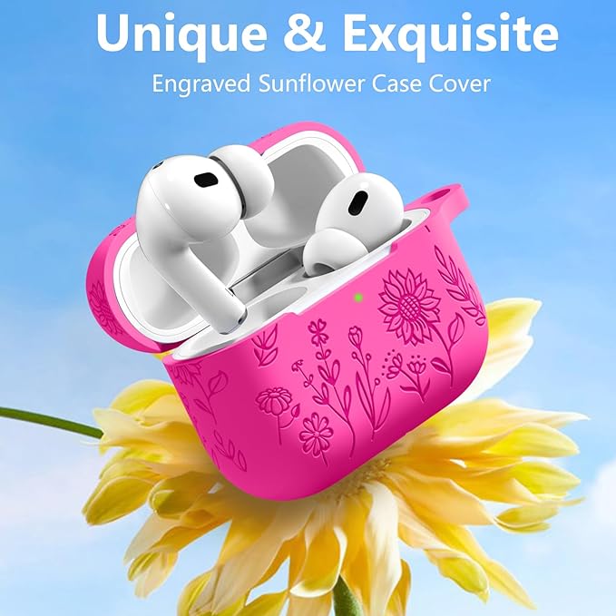 Hamile for AirPods Pro 2nd Generation Case with Cleaner Kit & Keychain, Cute Flower Engraved Soft Silicone Protective AirPods Pro Case Cover for Apple AirPods Pro Case 2nd/1st Generation, Rose Pink