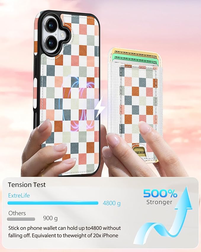 Shorogyt for iPhone 17 Wallet Case - Fits 5 Cards, Compatible with Magsafe Detachable Magnetic Credit Card Holder Leather Cardholder Cute Phone Cover Women Girls for Apple 17, Checkered