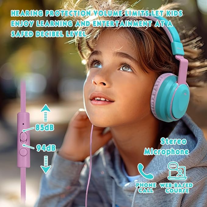 Headphone Kids Volume Limited 85/94dB Wired Over-Ear/On-Earr Foldable Headset with Inline Cable Aux 3.5mm Cord Mic for Toddler Boy Girl Child Back to School Study Pad Tablet Cyan