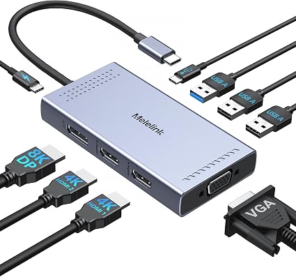 USB C Docking Station Dual HDMI Monitor Adapter, Melelink USB C Hub 3 Monitors with 2X HDMI 4K, 8K Displayport, VGA, 100W PD, USB C&A Ports, 9 in 1 Laptop Docking Station for Dell, HP, Lenovo, etc - Image 4