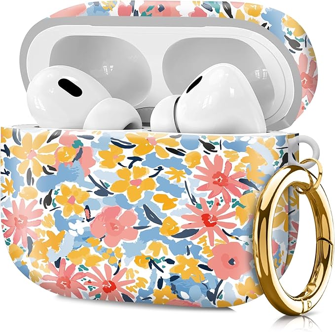 Compatible with Airpod pro 2nd/1st Generation Case Cover with Gold Round Keychain Cute Pattern Hard & Anti Slip Cover for Men Women & Girls（Comic Flowers）