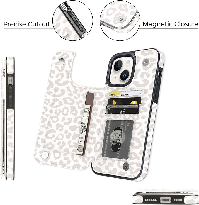 uCOLOR Compatible with iPhone 14/15 Plus 6.7" Wallet Case with Card Holder Slots Folio Flip PU Leather Kickstand Magnetic Clasp and RFID Blocking Cover (Beige Leopard)