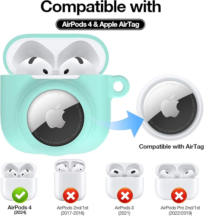 2 in 1 Silicone Case Compatible with AirPod 4 and AirTag 2/1, Shockproof Protective Skin Cover for AirPods 4th Generation with Cleaner Kit & Carabiner (Mint Green)