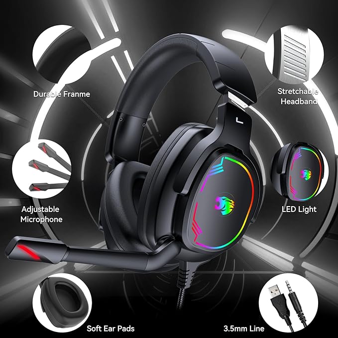 Gaming Headset for PC/PS4/PS5/Xbox One/Switch, Stereo Surround Sound Gaming Headphones with Noise Canceling Flexible Mic, Computer Headset with 3.5mm Jack(Black)
