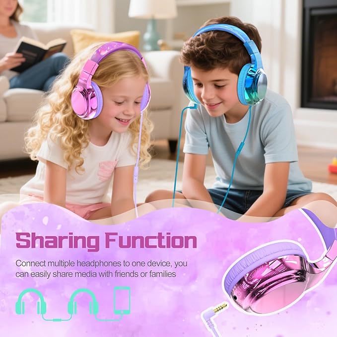 QearFun Kids Headphones Wired with Mic, 85/94dB Safe Volume Limit, Foldable Over Ear, Tangle-Free Cord & Sharing Port, Wired On-Ear Headset for School, Chromebook, Tablet, Travel - Boys & Girls