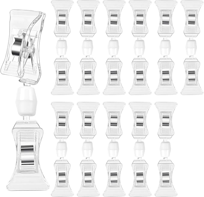 Clear Sign Clips on Merchandise Display 12 Pack Plastic Label Pop Clips on Sign Holder Shelf Double Sided Swivel Price Tag Clips on Clothing Rack Signs Rotatable Menu Clips for Sale Retail Display