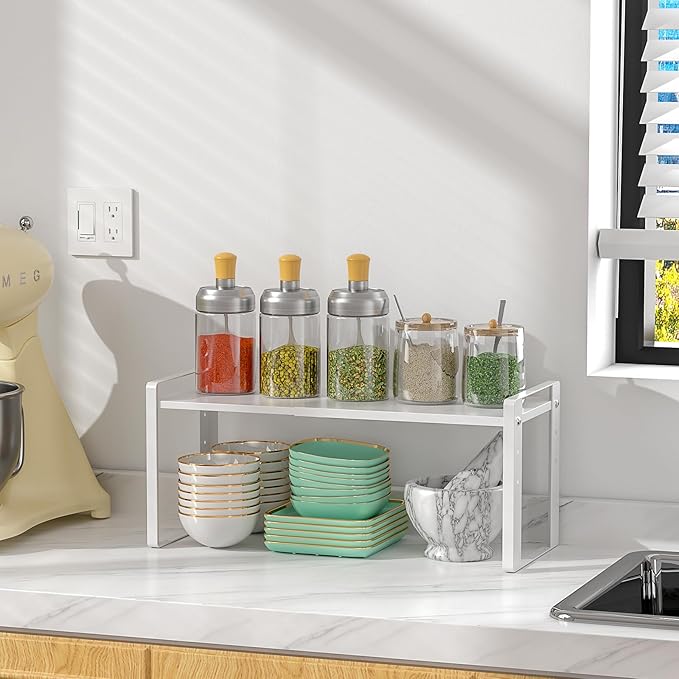 Expandable Kitchen Cabinet Organizer Shelves, Heavy Duty Metal Pantry Organizers, Adjustable Cabinet Shelf for Cupboard, Pantry & Under Sink Space Saver, White, Patent Pending