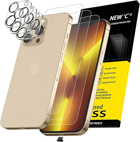 NEW'C 3x for iPhone 13 Pro Max Screen Protector (6.7 inches)+ 3x Camera Lens Protector, Sensor Protection + Dust Plug - Case Friendly Tempered Glass Film, Ultra Resistant