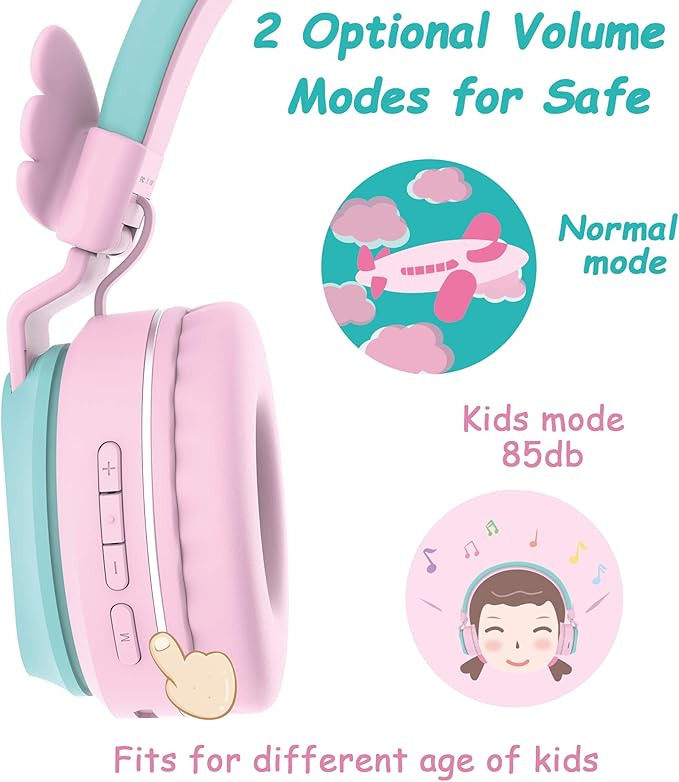Kids Bluetooth Headphones, Riwbox BT05 Wireless Kids Headphones Over Ear with Volume Limited and Mic/TF Card Compatible for iPad/iPhone/Tablet (Pink&Green)