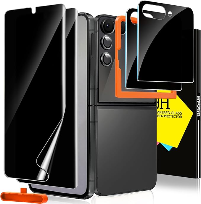 Milomdoi 6 in 1 Privacy Screen Protector for Samsung Galaxy Z Flip 7, 2 Pack Inside Anti-Spy Film with 2Pack Front Tempered Glass + 2 Pacs Camera Lens Protector Accessories