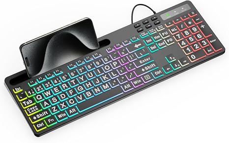 MARVO Large Print Backlit Keyboard, WK712 Wired Computer Keyboards with 7 Colors & 11 Modes Backlight, Tablet Phone Holder and Quiet Light Up Keys, Full-Size Gaming Keyboard for Windows, Mac